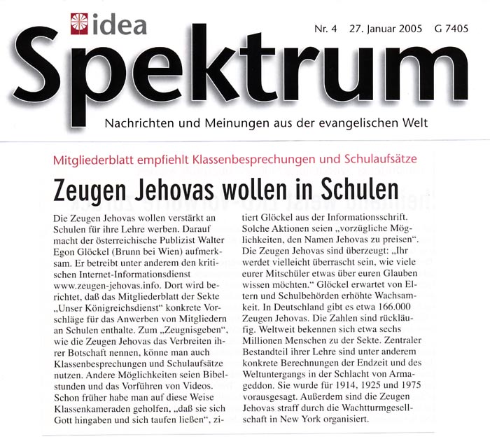 Der Evangelische Pressedienst idea in seiner Printausgabe zu Glöckels Aufdeckung zu den ZEUGEN JEHOVAS