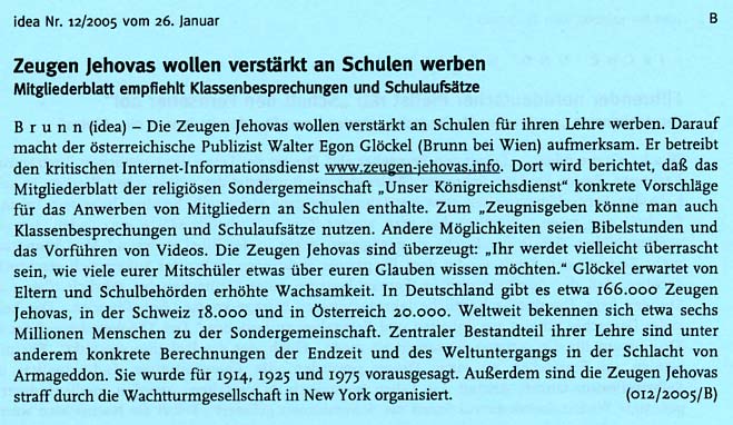 Evangelischer Pressedienst idea &uuml;ber Gl&ouml;ckels Aufdeckung