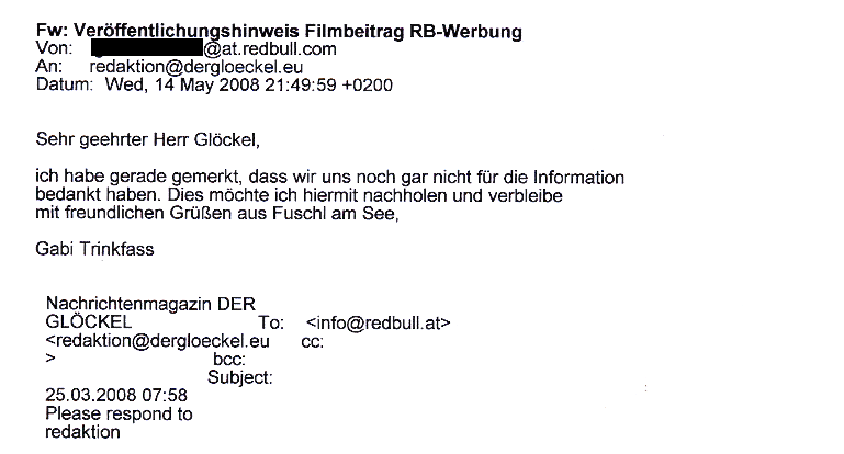 RED BULL bedankte sich für den Veröffentlichungshinweis