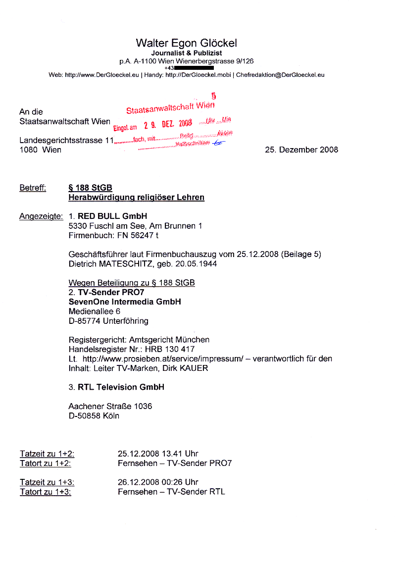 Seite 1 der Strafanzeige gegen RED BULL, RTL und PRO7