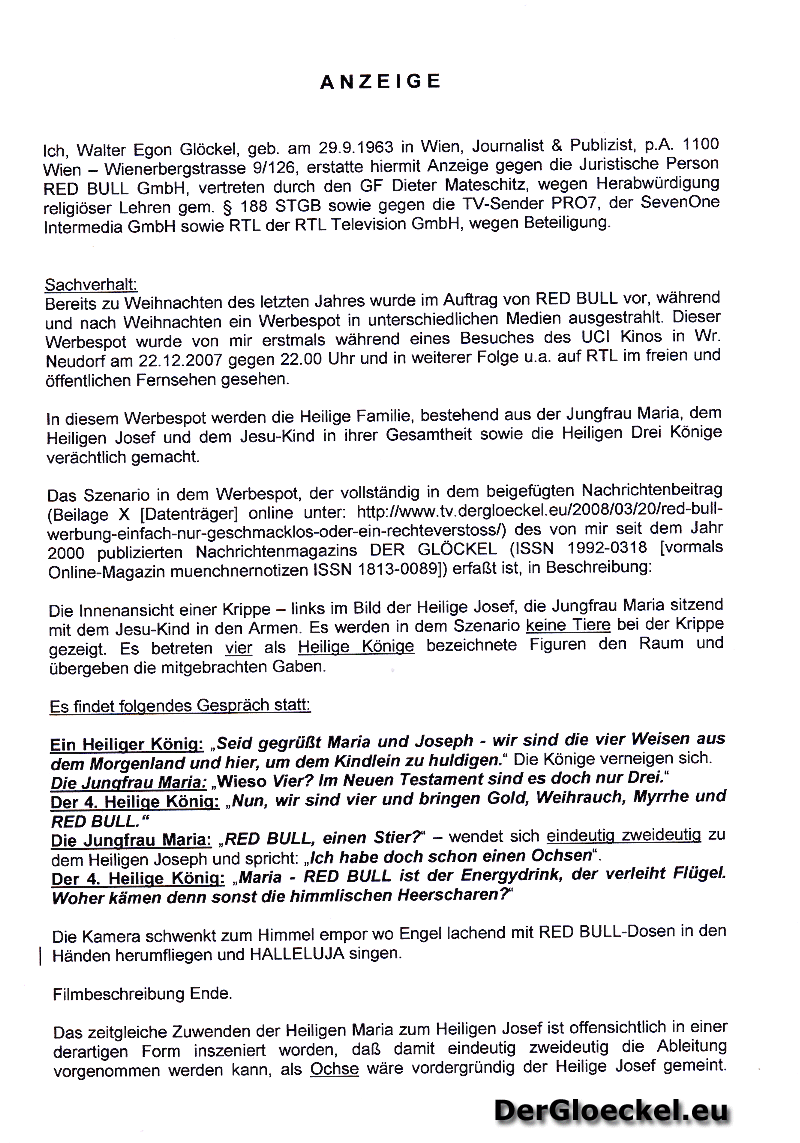 Seite 2 der Strafanzeige gegen RED BULL, RTL und PRO7