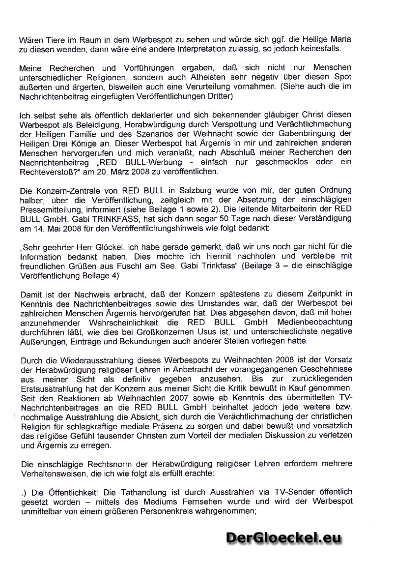 Seite 3 der Strafanzeige gegen RED BULL, RTL und PRO7
