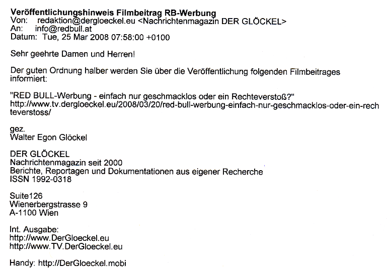 Verständigung von DER GLÖCKEL an die RED BULL GmbH