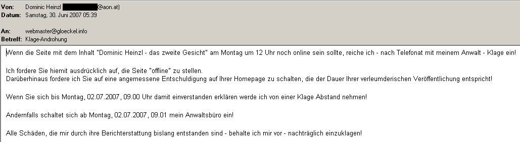 Faksimile aus der e-Mail von Dominic HEINZL Nr.2