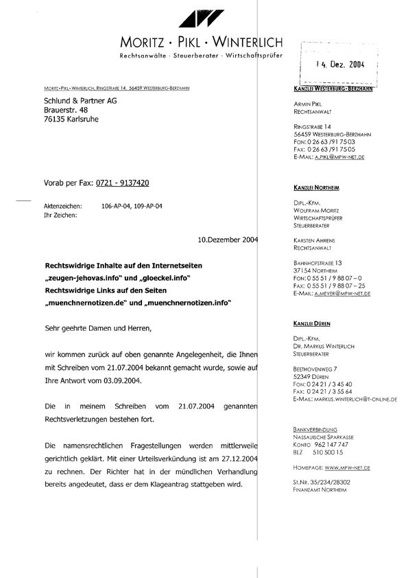 Seite 1 des Schreibens von den ZEUGEN JEHOVAS - RA Armin PIKL
